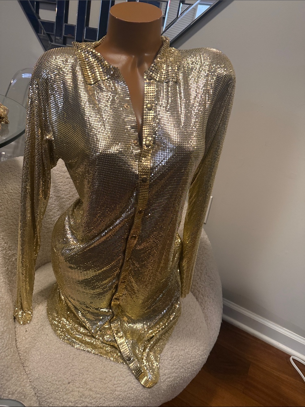 Fashion Nova Gold chainmill Long Sleeve Shirt Dress